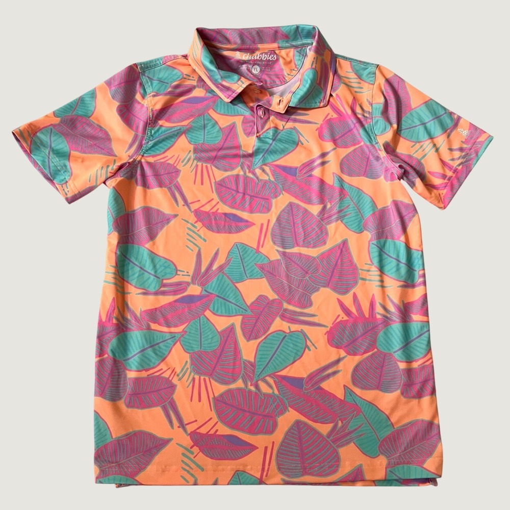 Chubbies Polo Shirt Orange Tropical Leaf Performance Stretch Youth Large YL - Picture 1 of 5